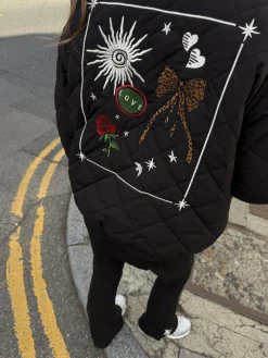 Hot Never Fully Dressed Black Embroidered Quilted Fur Lined Bomber Jacket