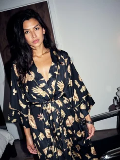 Never Fully Dressed Black/Gold Charm Satin Robe^Women Nightwear|Bathrobes