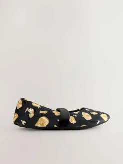 Never Fully Dressed Black/Gold Charm Velour Mary Jane Slippers^Women Slippers