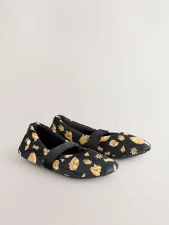 Never Fully Dressed Black/Gold Charm Velour Mary Jane Slippers^Women Slippers