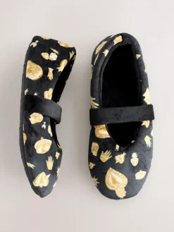Never Fully Dressed Black/Gold Charm Velour Mary Jane Slippers^Women Slippers
