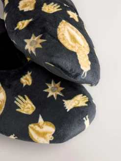Never Fully Dressed Black/Gold Charm Velour Mary Jane Slippers^Women Slippers