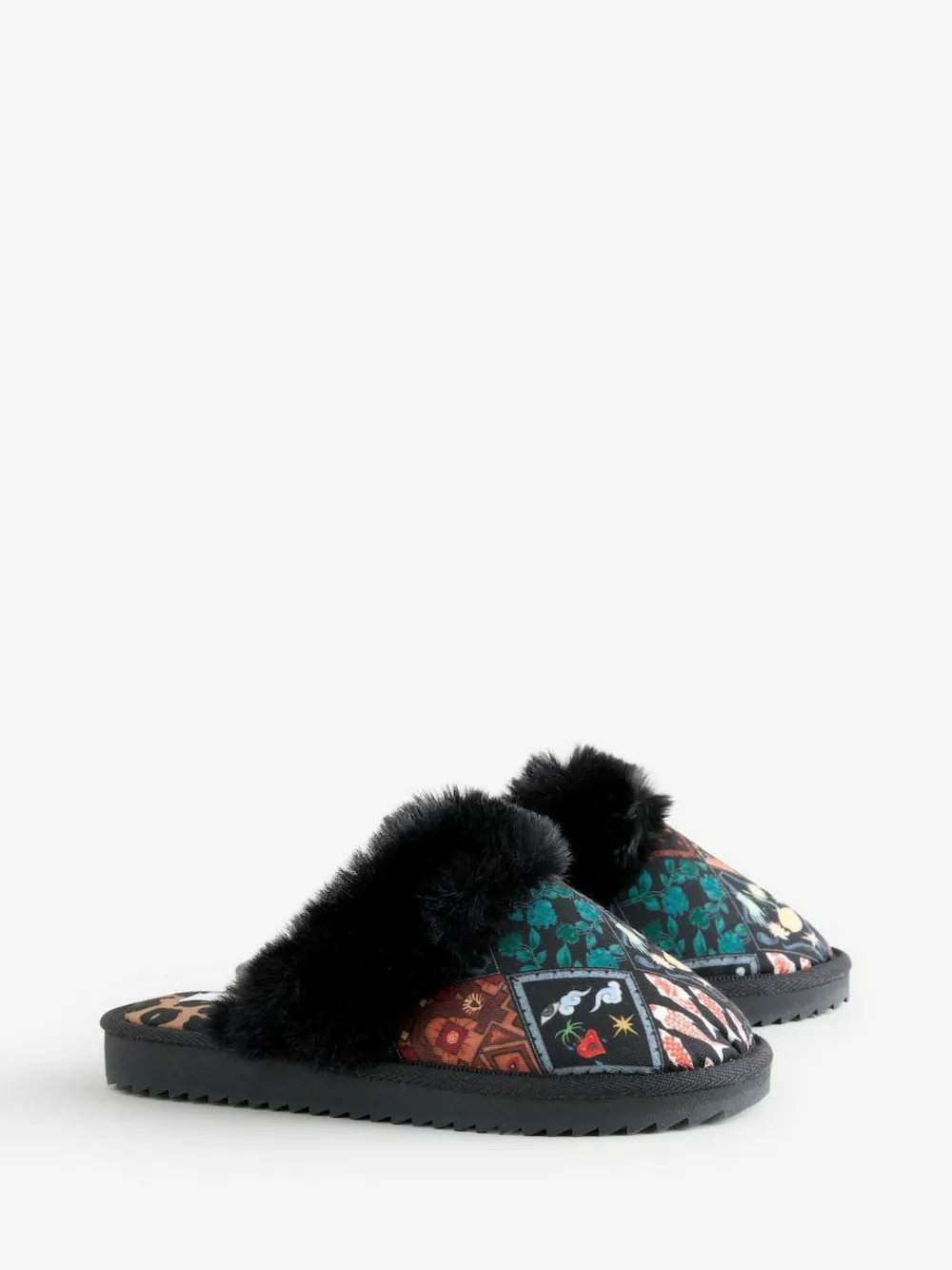Never Fully Dressed Multi Black Quilted Faux Fur Lined Mule Slippers^Women Slippers