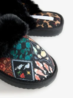 Never Fully Dressed Multi Black Quilted Faux Fur Lined Mule Slippers^Women Slippers