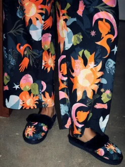 Never Fully Dressed Multi Navy Quilted Faux Fur Lined Mule Slippers^Women Slippers