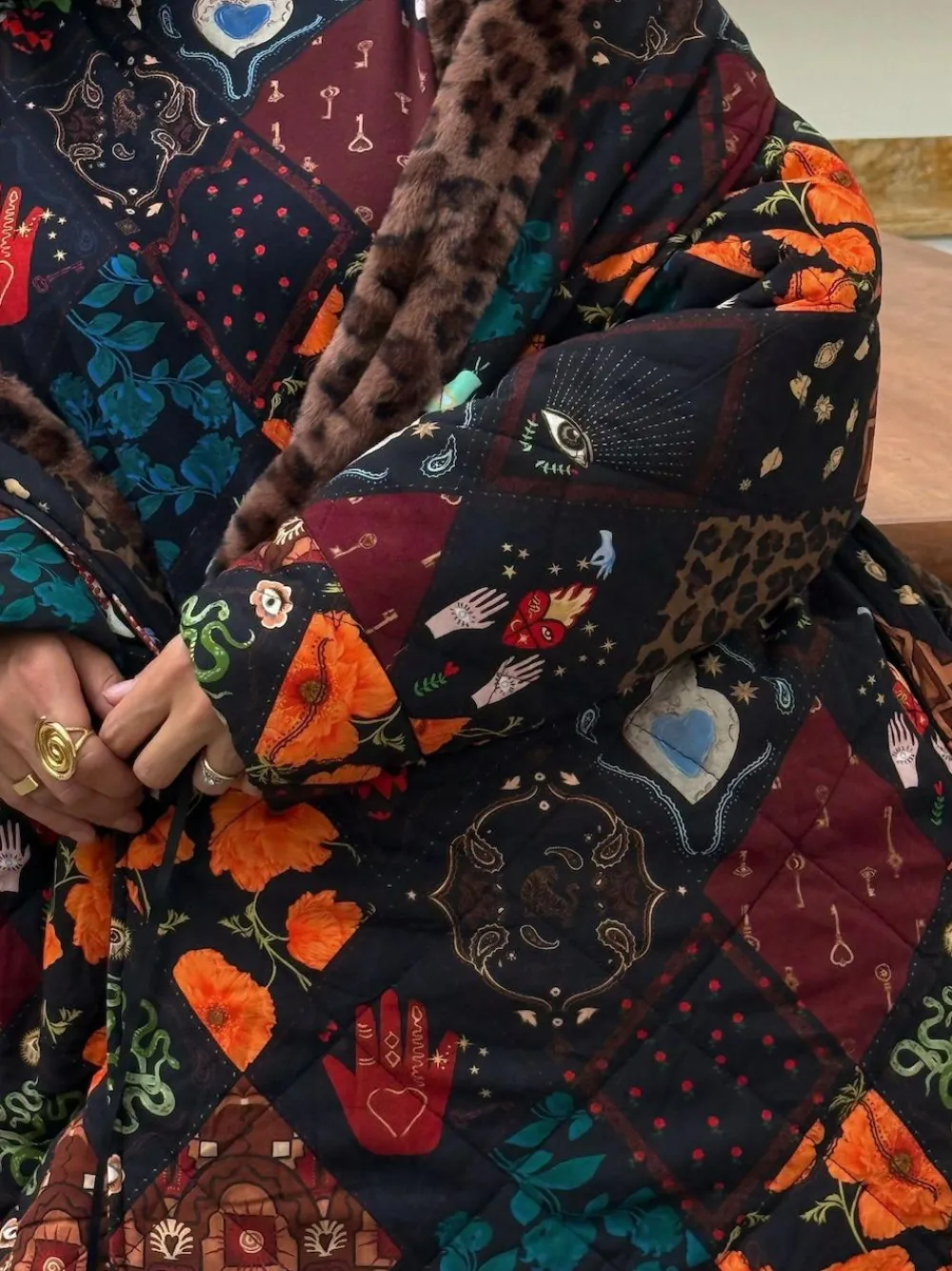 Online Never Fully Dressed Night Garden Quilted Robe with Faux Fur Lining