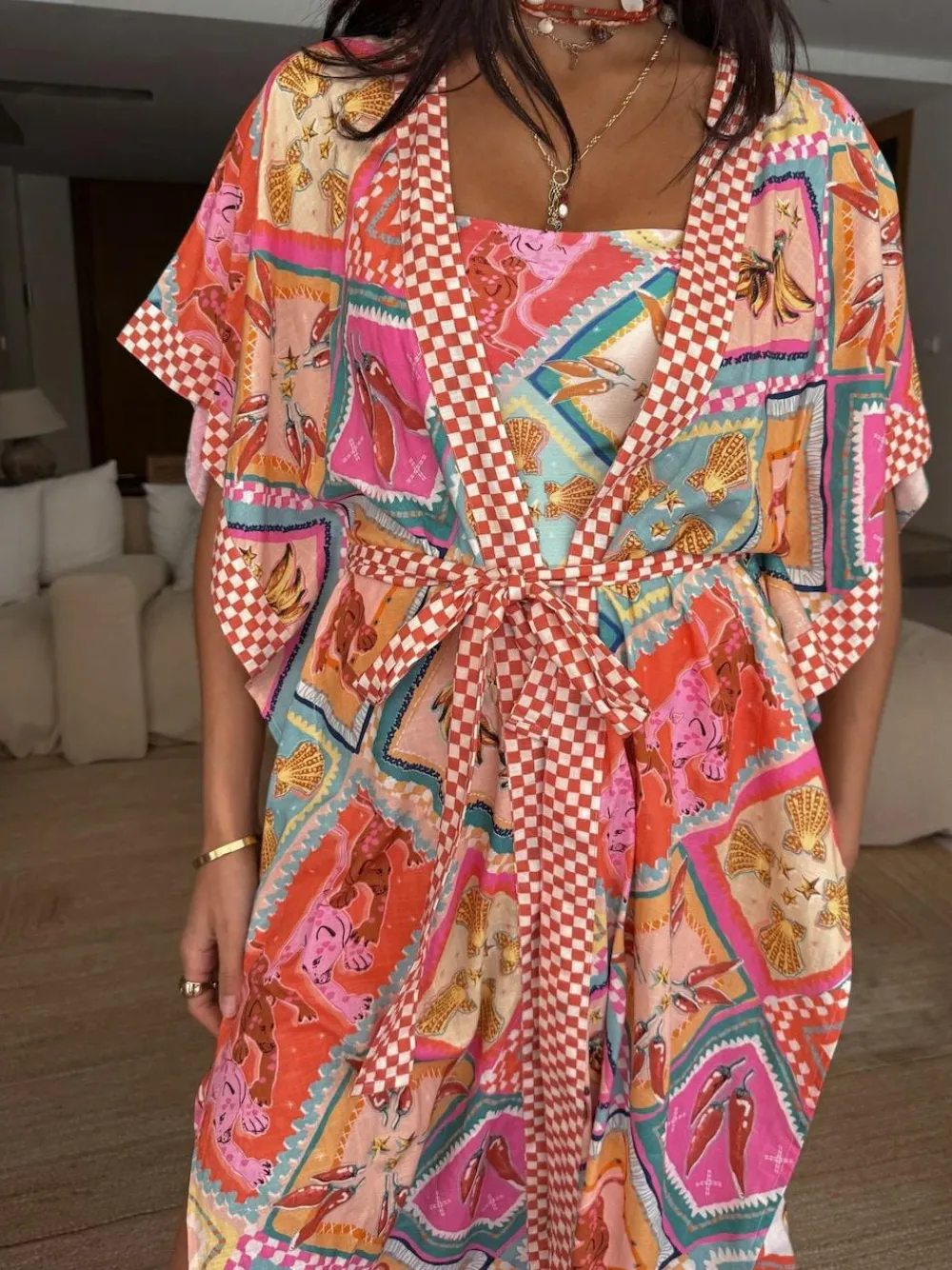 Never Fully Dressed Pink/Orange Cotton Blend Kimono^Women Swimwear