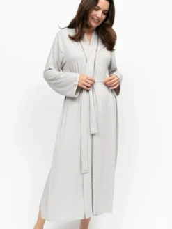 Sale Nora Rose Grey Jersey Lace Insert Long Sleeve Dressing Gown