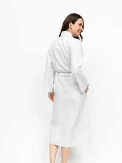 Nora Rose Grey Seersucker Stripe Lace Trim Long Sleeve Long Dressing Gown^Women Bathrobes