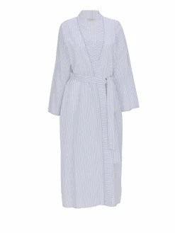 Nora Rose Grey Seersucker Stripe Lace Trim Long Sleeve Long Dressing Gown^Women Bathrobes
