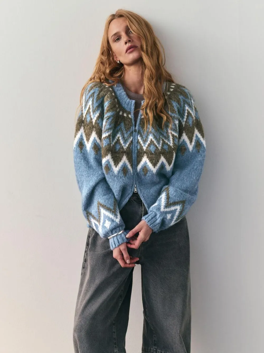 Nothing Ordinary Check Fairisle Pattern Knit Zip Through Jumper With Wool Blue