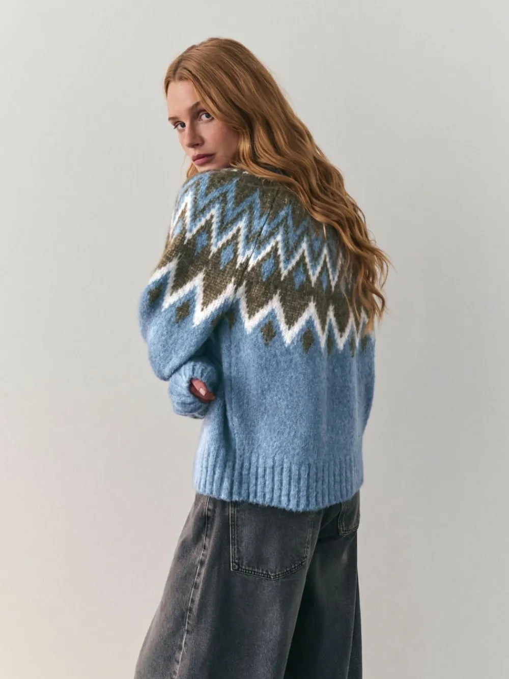 Nothing Ordinary Check Fairisle Pattern Knit Zip Through Jumper With Wool Blue