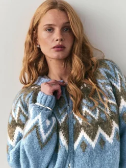 Nothing Ordinary Check Fairisle Pattern Knit Zip Through Jumper With Wool Blue