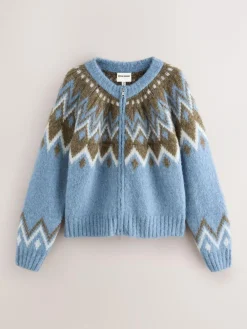 Nothing Ordinary Check Fairisle Pattern Knit Zip Through Jumper With Wool Blue