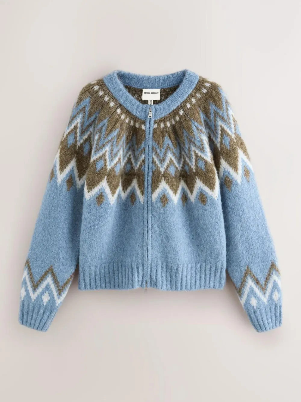 Nothing Ordinary Check Fairisle Pattern Knit Zip Through Jumper With Wool Blue