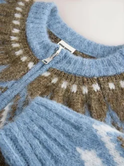 Nothing Ordinary Check Fairisle Pattern Knit Zip Through Jumper With Wool Blue