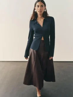 Outlet Nothing Ordinary Chocolate Brown Faux Leather Wrap Midi Kilt Skirt