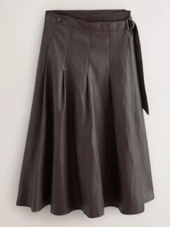Outlet Nothing Ordinary Chocolate Brown Faux Leather Wrap Midi Kilt Skirt