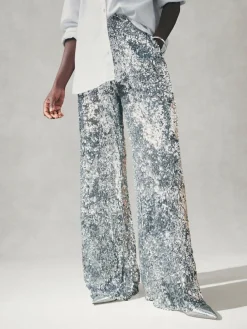 New Nothing Ordinary Silver Sequin High Waist Wide Leg Trousers
