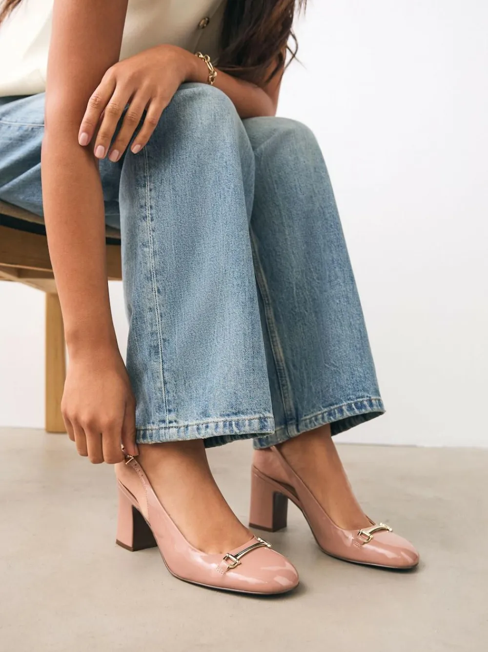 New Next Extra Wide Fit Hardware Slingback Block Heels Nude Pink