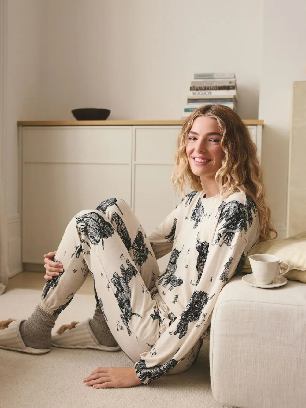 Next Oatmeal Hamish The Highland Cow Cosy Long Sleeve Pyjamas