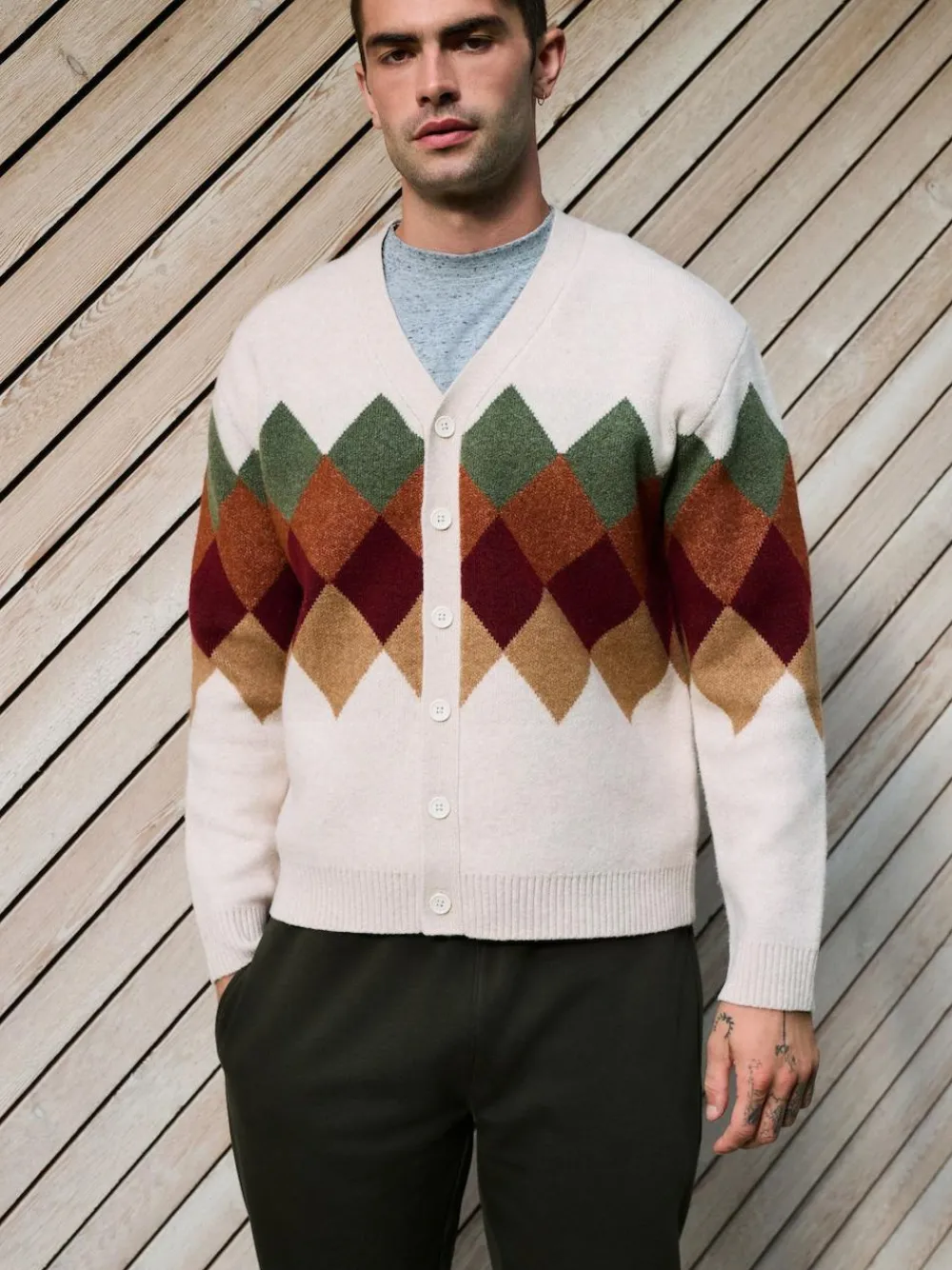 Next Oatmeal Multi Relaxed Fit Argyle Cardigan with Wool^ Knitwear|Knitwear