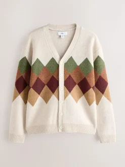 Next Oatmeal Multi Relaxed Fit Argyle Cardigan with Wool^ Knitwear|Knitwear