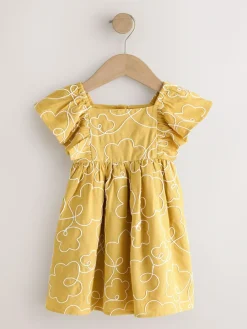 Next Ochre Yellow Embroidered Angel Sleeve Dress (3mths-8yrs)^ Dresses|Dresses