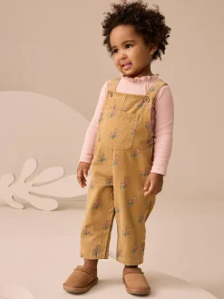Next Ochre Yellow Floral Print Corduroy Dungarees and T Shirt Set (3mths-7yrs)^ Jumpsuits & Playsuits