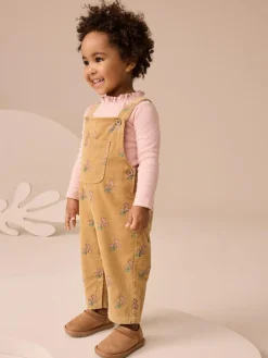 Next Ochre Yellow Floral Print Corduroy Dungarees and T Shirt Set (3mths-7yrs)^ Jumpsuits & Playsuits