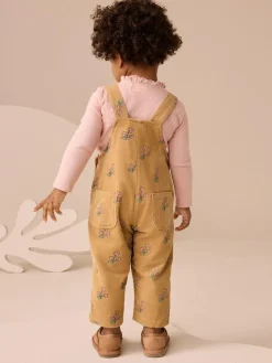 Next Ochre Yellow Floral Print Corduroy Dungarees and T Shirt Set (3mths-7yrs)^ Jumpsuits & Playsuits