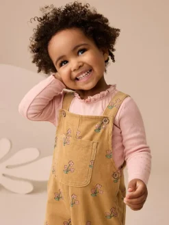 Next Ochre Yellow Floral Print Corduroy Dungarees and T Shirt Set (3mths-7yrs)^ Jumpsuits & Playsuits