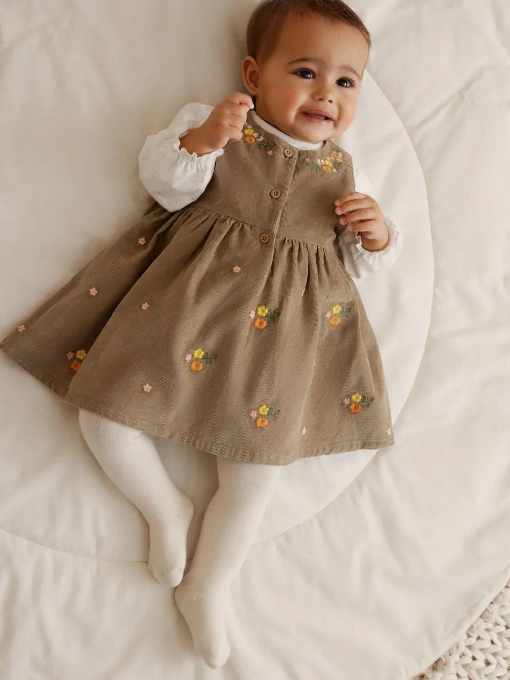 Next Olive Green Embroidered Baby Cord Pinafore Long Sleeve Bodysuit & Tights Set (0mths-2yrs)^ Dresses|Dresses