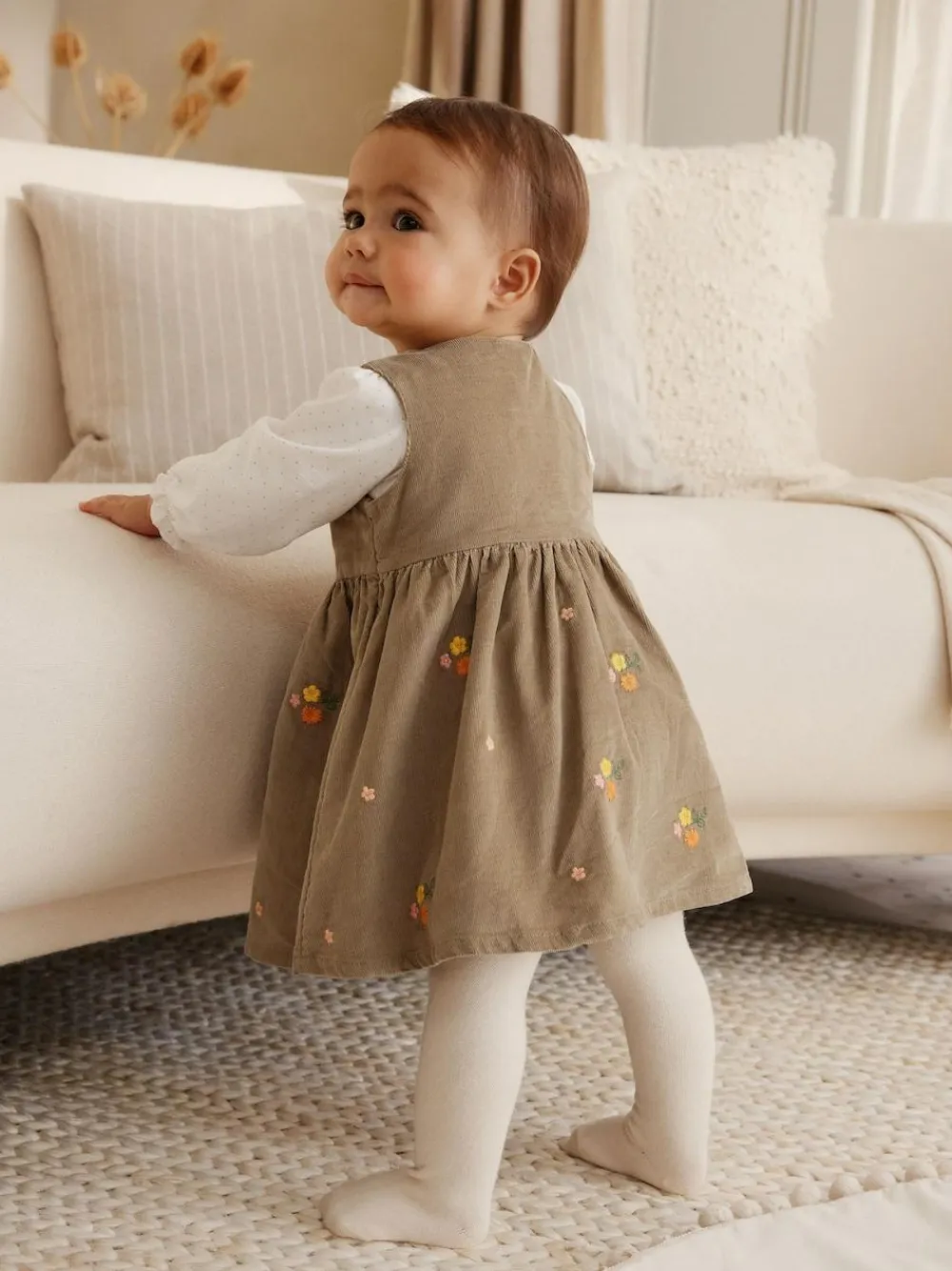 Next Olive Green Embroidered Baby Cord Pinafore Long Sleeve Bodysuit & Tights Set (0mths-2yrs)^ Dresses|Dresses