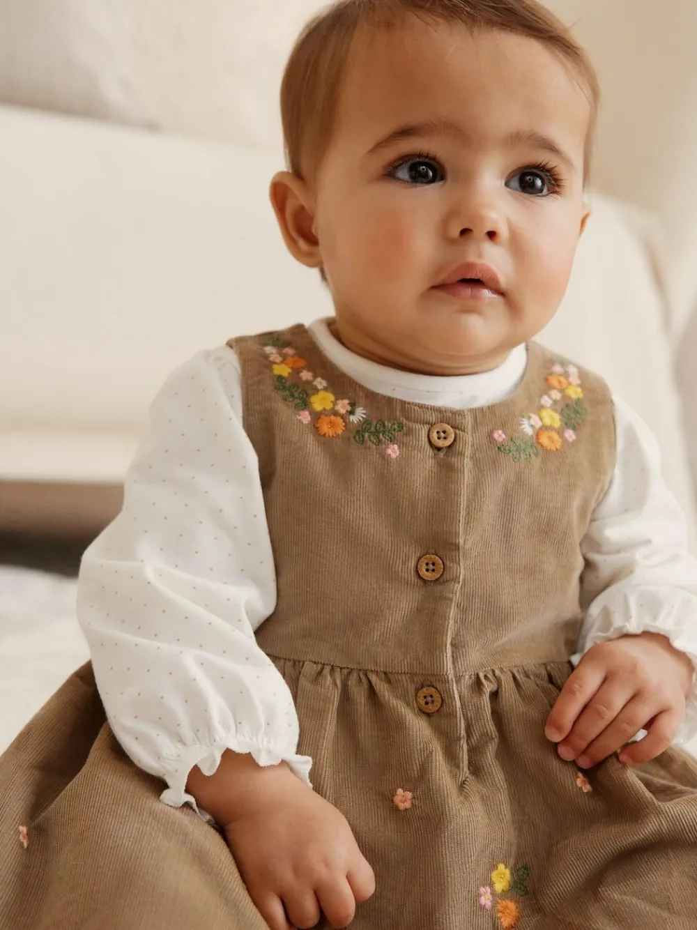 Next Olive Green Embroidered Baby Cord Pinafore Long Sleeve Bodysuit & Tights Set (0mths-2yrs)^ Dresses|Dresses