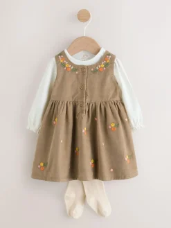 Next Olive Green Embroidered Baby Cord Pinafore Long Sleeve Bodysuit & Tights Set (0mths-2yrs)^ Dresses|Dresses