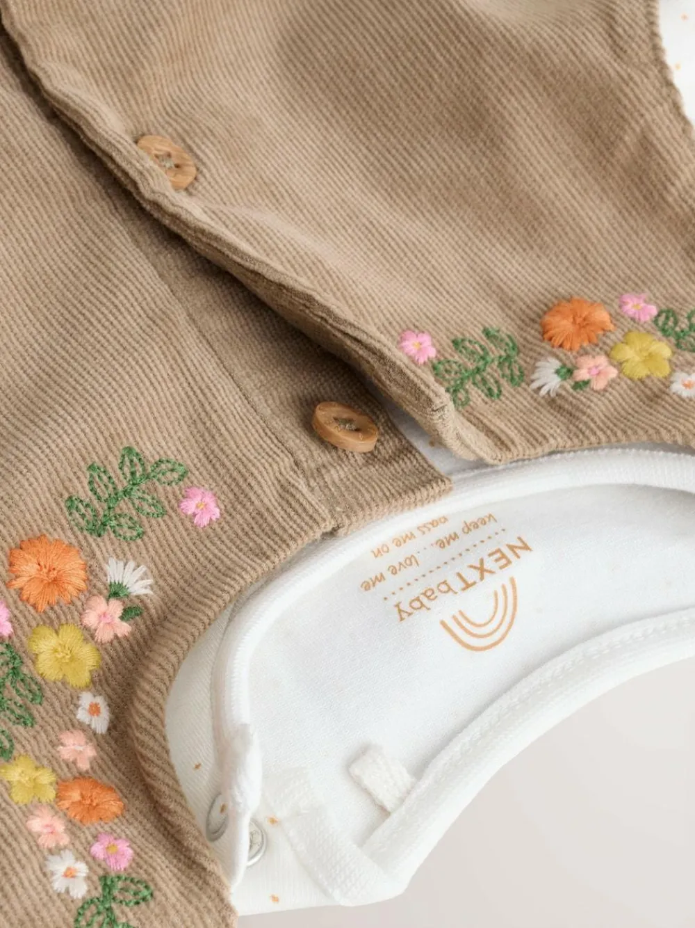 Next Olive Green Embroidered Baby Cord Pinafore Long Sleeve Bodysuit & Tights Set (0mths-2yrs)^ Dresses|Dresses