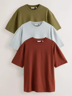 Next Olive Green /Ice Grey/Orange Rust Relaxed Fit Heavyweight T-Shirts 3 Pack^ Tops & T-Shirts