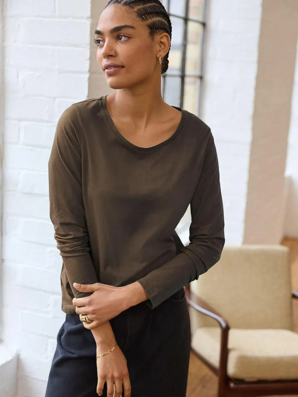 Discount Next Olive Green Long Sleeve Crew Neck T-Shirt