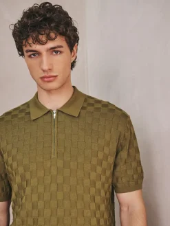 Next N.Premium Regular Fit Checkerboard Knitted Short Sleeve Zip Neck Polo Shirt^ Knitwear|Knitwear