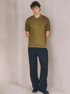 Next N.Premium Regular Fit Checkerboard Knitted Short Sleeve Zip Neck Polo Shirt^ Knitwear|Knitwear