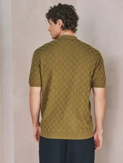 Next N.Premium Regular Fit Checkerboard Knitted Short Sleeve Zip Neck Polo Shirt^ Knitwear|Knitwear