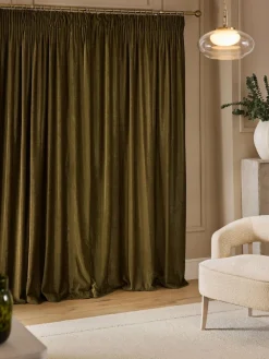 Online Next Olive Green Plush Chenille Pencil Pleat Lined Curtains