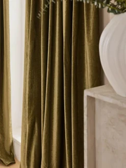 Online Next Olive Green Plush Chenille Pencil Pleat Lined Curtains