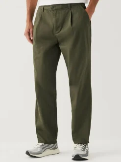New Next Regular Tapered Fit Single Pleated Stretch Chinos Trousers Olive Green