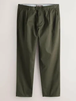 New Next Regular Tapered Fit Single Pleated Stretch Chinos Trousers Olive Green