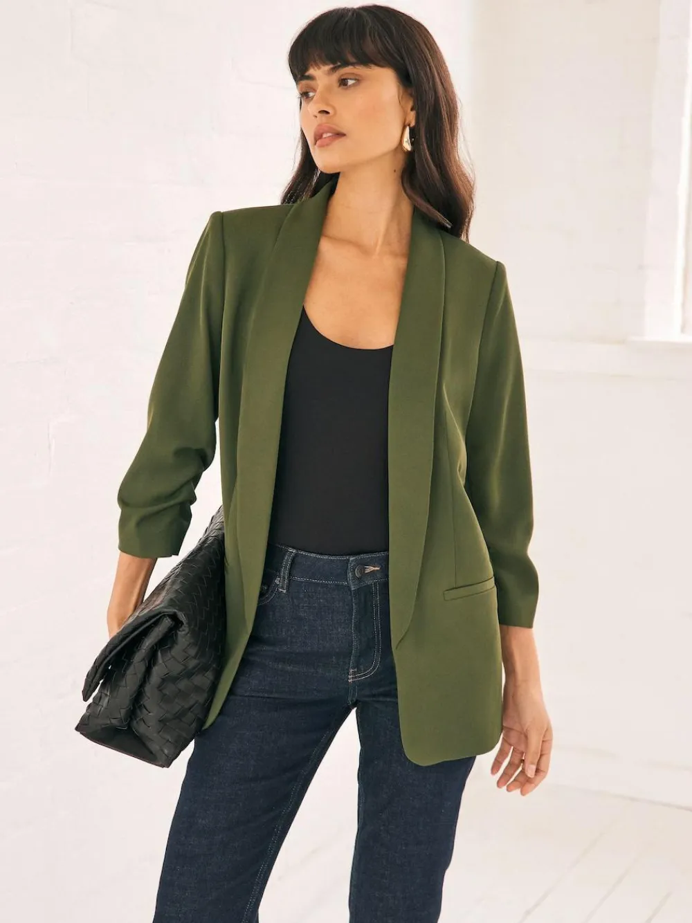 Next Olive Green Relaxed Ruched Sleeve Blazer