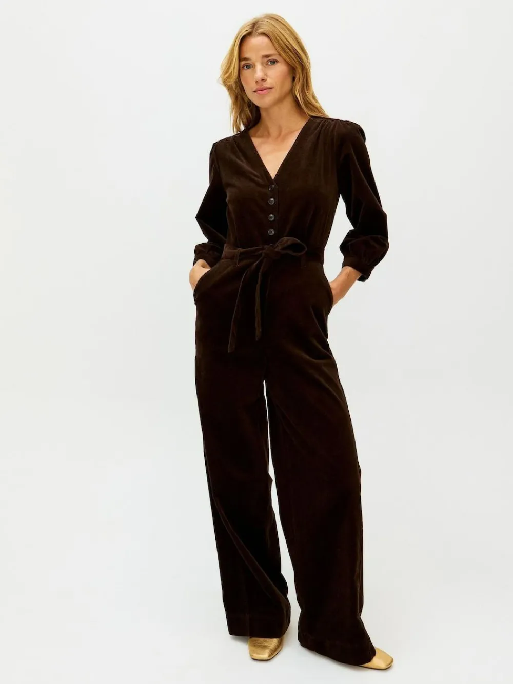 Oliver Bonas Brown Corduroy V-Neck Tie Waist Jumpsuit^Women Jumpsuits & Playsuits