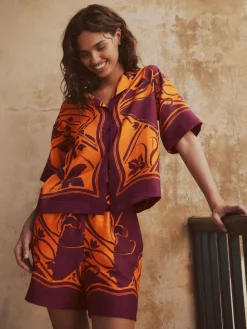 Discount Next Orange/Burgundy Exotic Border Print Elasticated Waist Resort Shorts