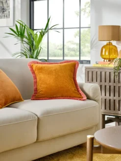 Sale Next Orange/Pink 45 x 45cm Soft Velour Contrast Fringe Cushion